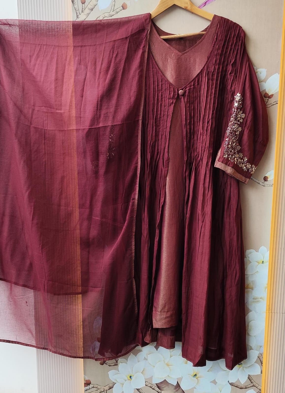 Premium Mul chanderi attached shrug in wine with pure hand work