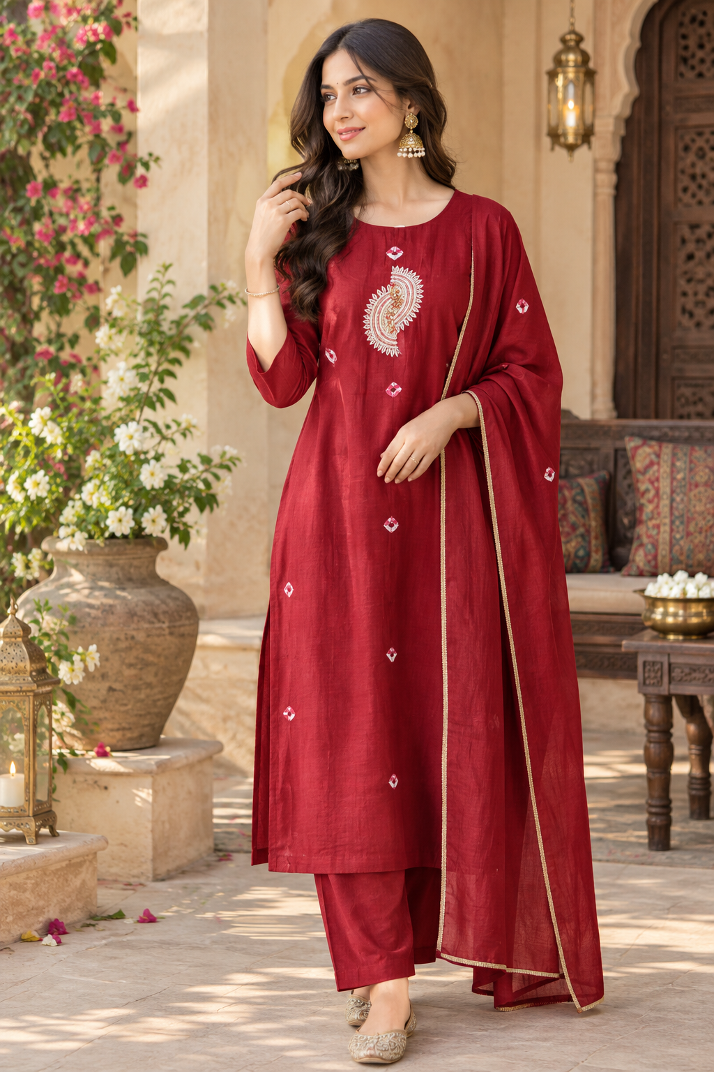 Pure Banarasi Mul chanderi with zari detailing and in pure bandhani