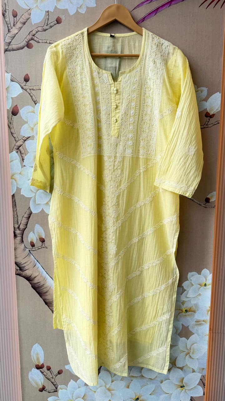 Premium crush cotton with inner hand chikankari full suit set in yellow