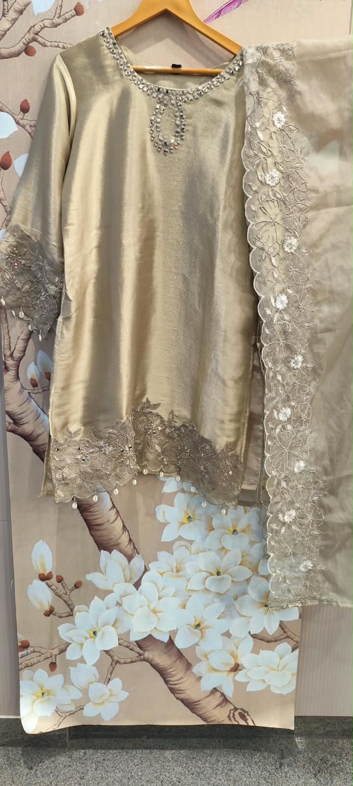 Premium tissue applique suit set in royal colour
