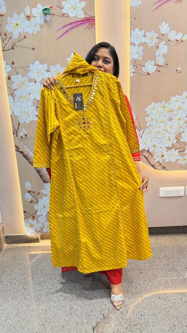 Pure cotton real mirror full suit set in yellow