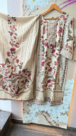 Mul silk Kalamkari lining with lace detailing beige n red suit set