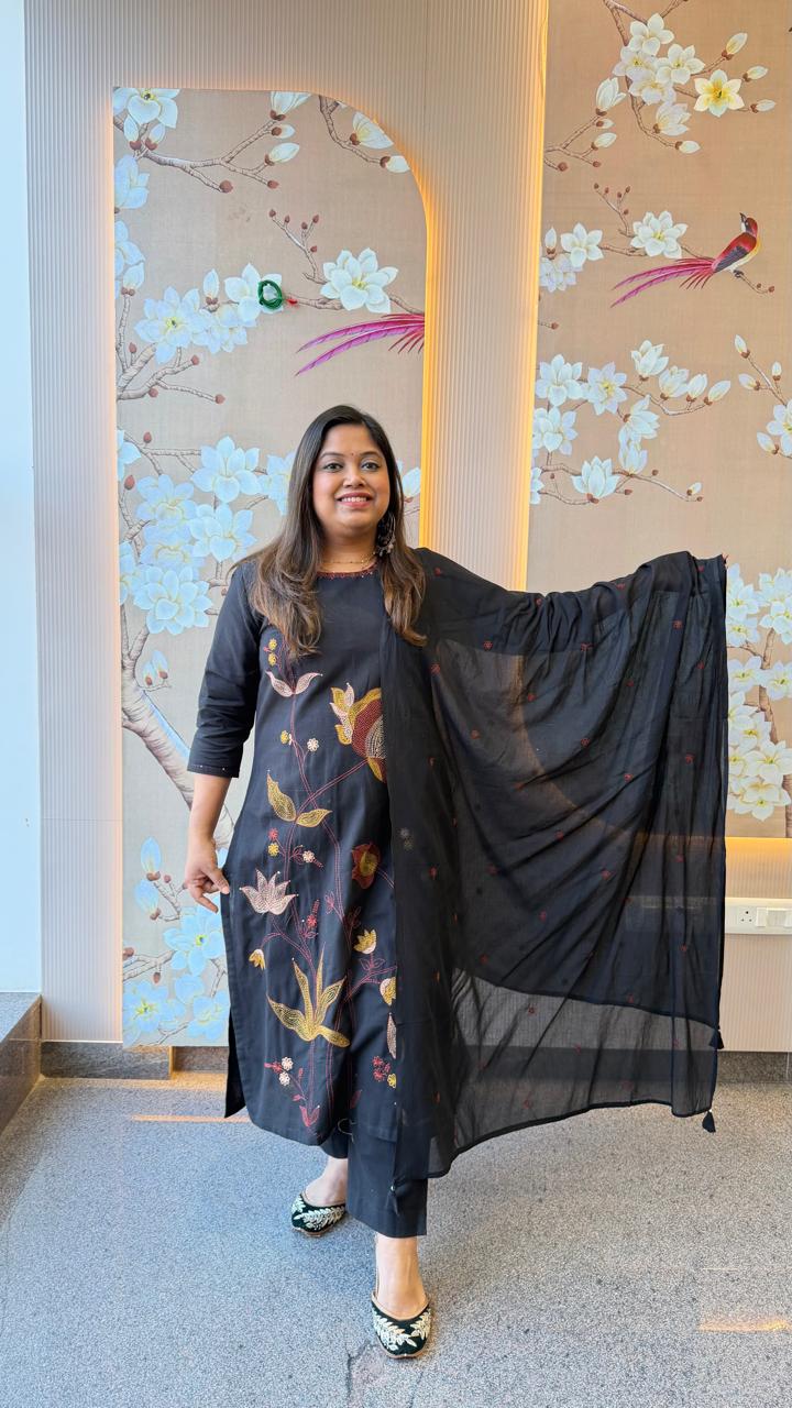 Pure cotton fully embroidered suit set in black
