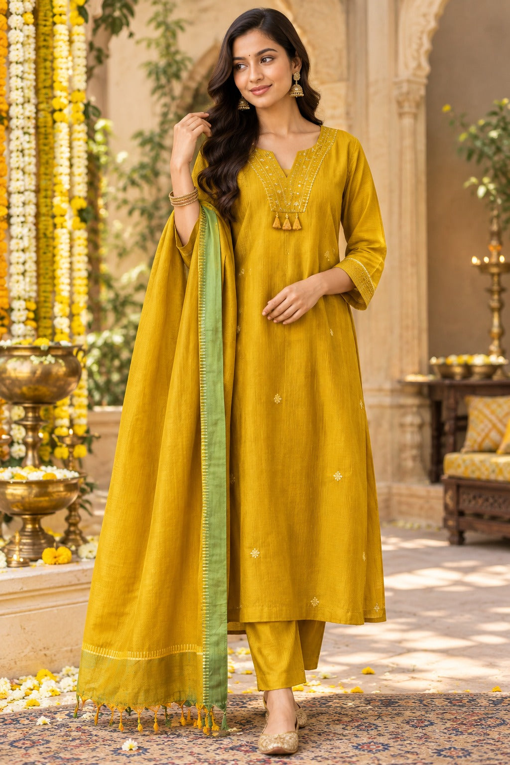 Premium handloom cotton zari weaved suit in yellow n green