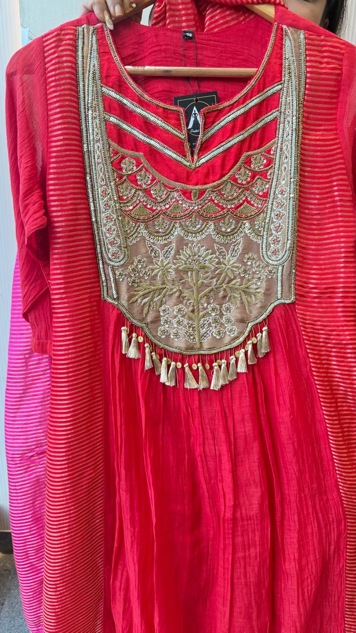 Pure Banarasi Mul chanderi in red with super gorgeous handwork suit set