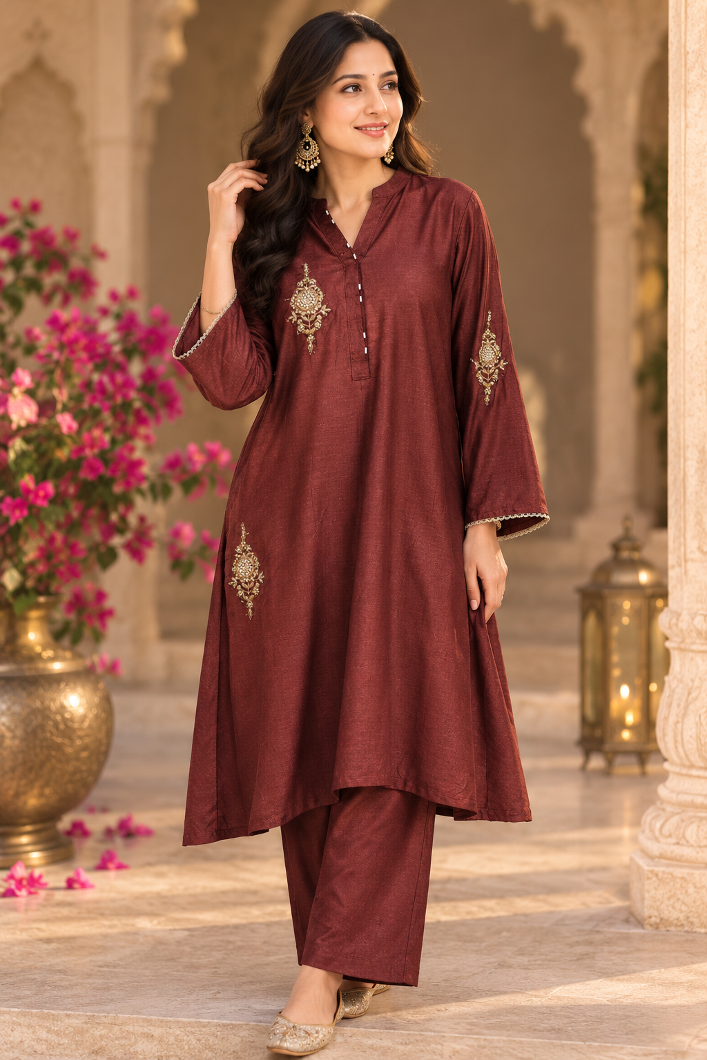 Dola silk handwork Co ord in brown