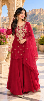 Premium crepe silk gotta detailing skirt set in red