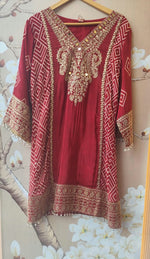 Pure crepe designer with intricate zari detailing suit set in red