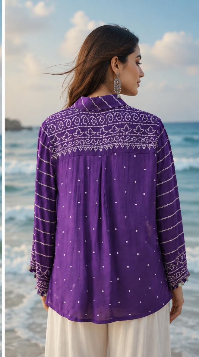 Crepe silk bandhani shirt in purple