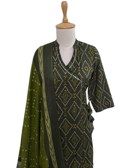 Cotton angrakha bandhani full suit set in green