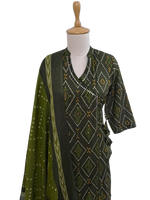 Cotton angrakha bandhani full suit set in green