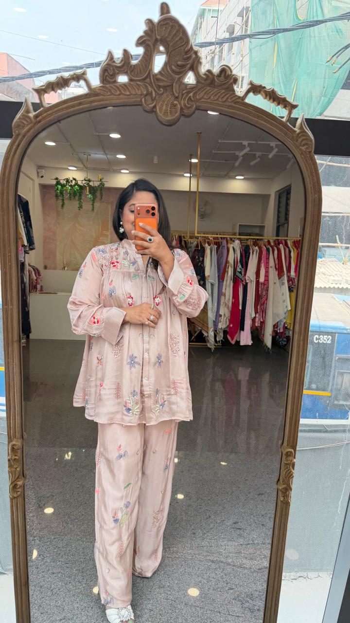 Premium chinon fully embroidered nude pink co ord set