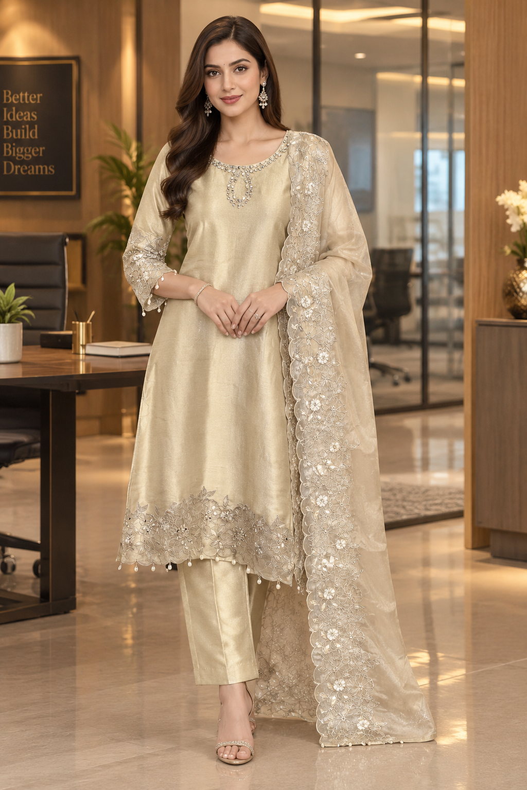 Premium tissue applique suit set in royal colour