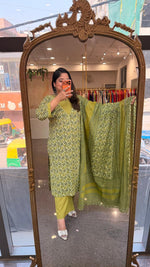Designer Pure cotton V neck suit set in green