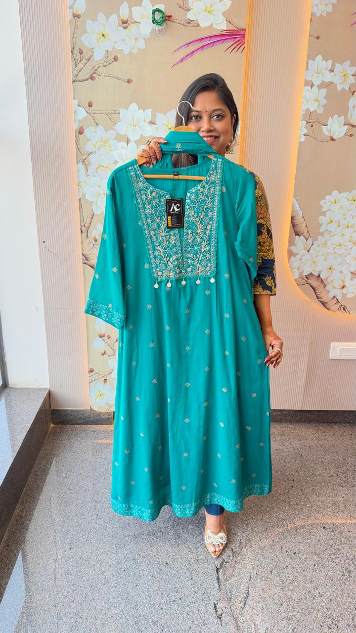 Mul cotton gold foil print with zari detailing full suit in blue