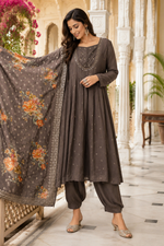 Premium chinon full sequins detailing Anarkali suit set paired with weaved banarsai dupatta in brown
