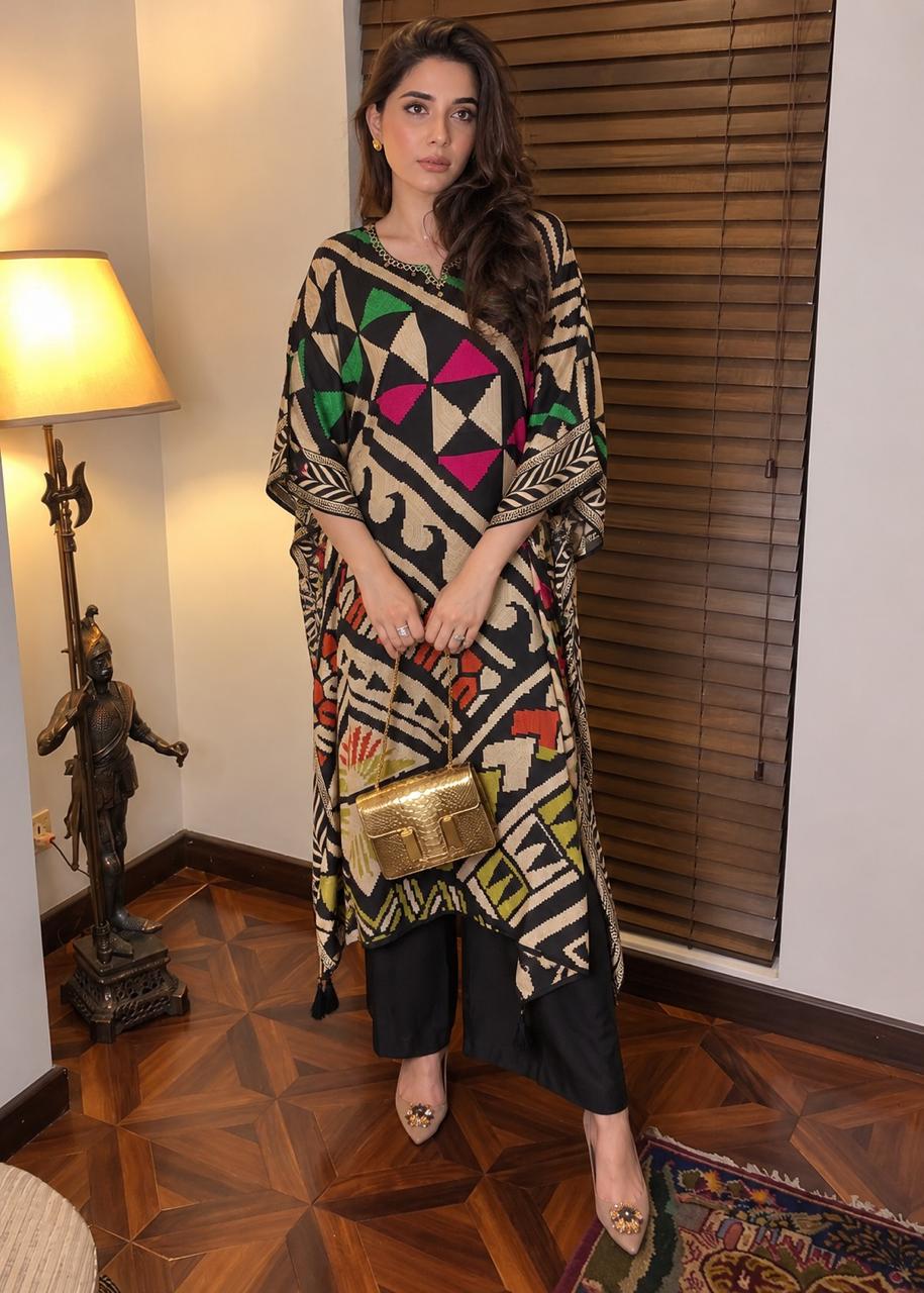 Pure crepe black kaftan set