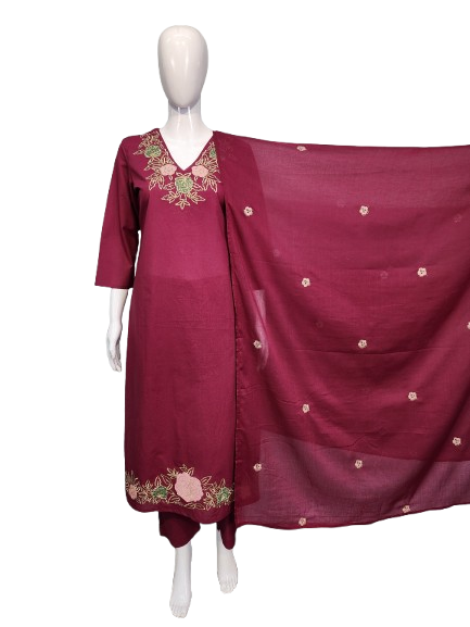 Wow applique cotton full suit set in wine