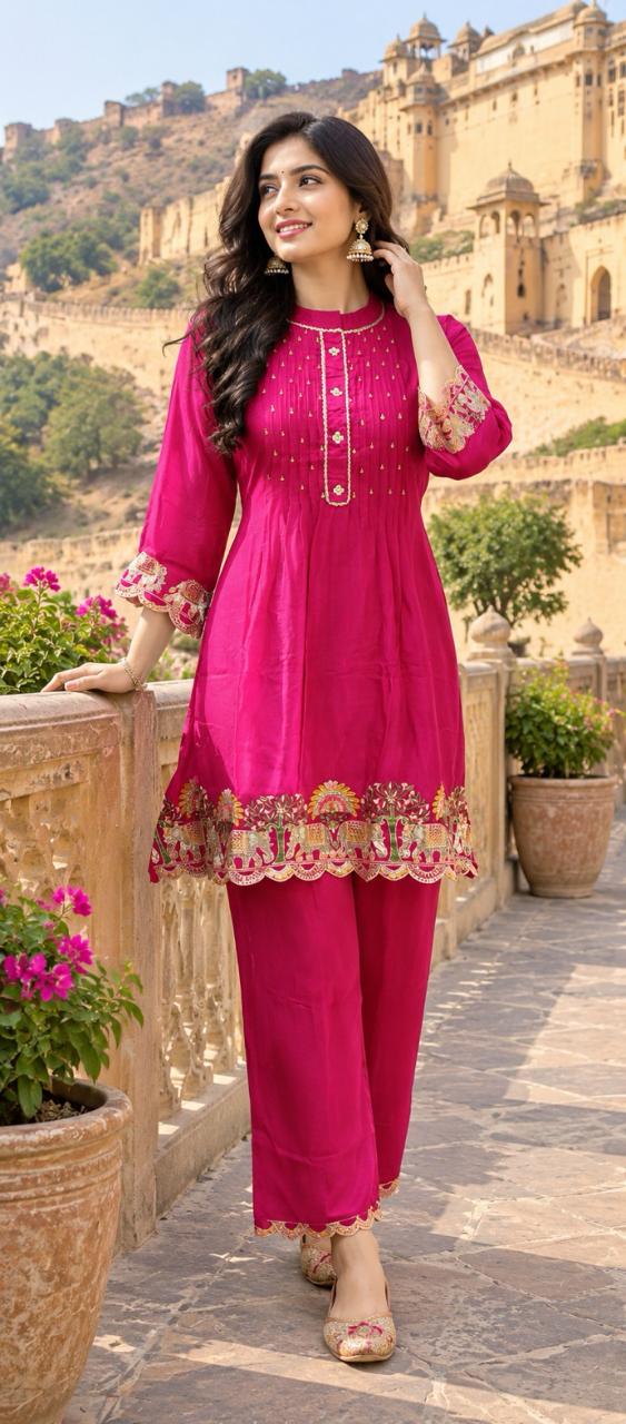Premium chinon designer zari embroidered on back , pant n kurta in pink