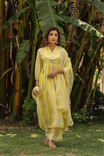 Premium embroidered cotton suit set paired with Kota Doria dupatta in yellow