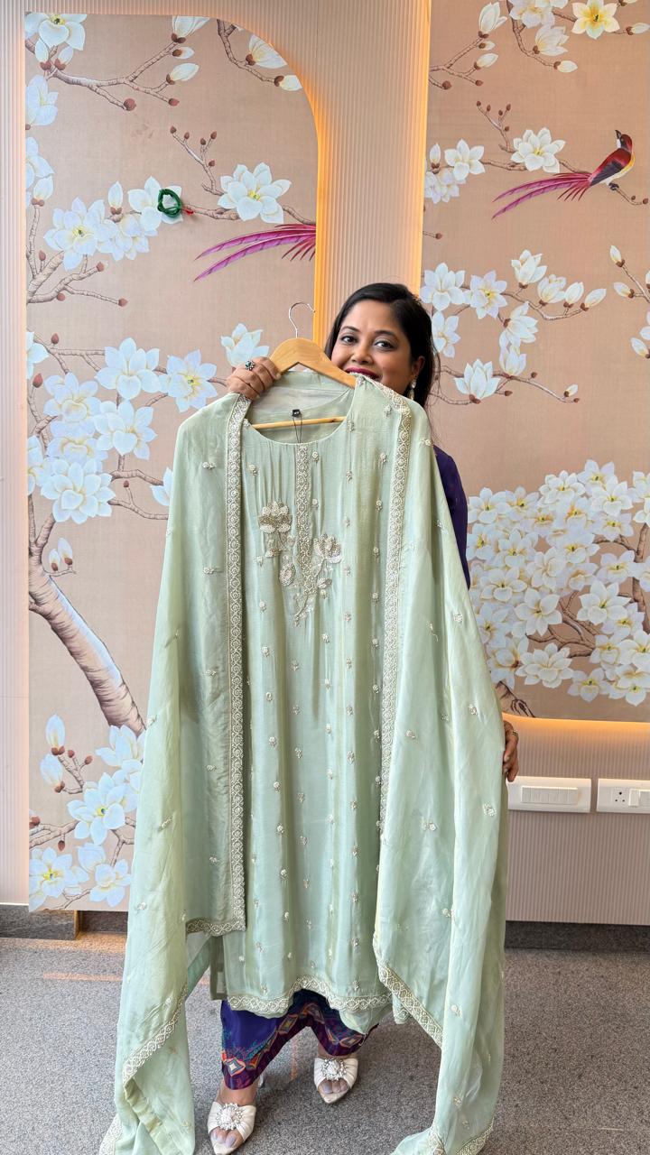 Pretty pretty tissue with heavy pearl work in mint green