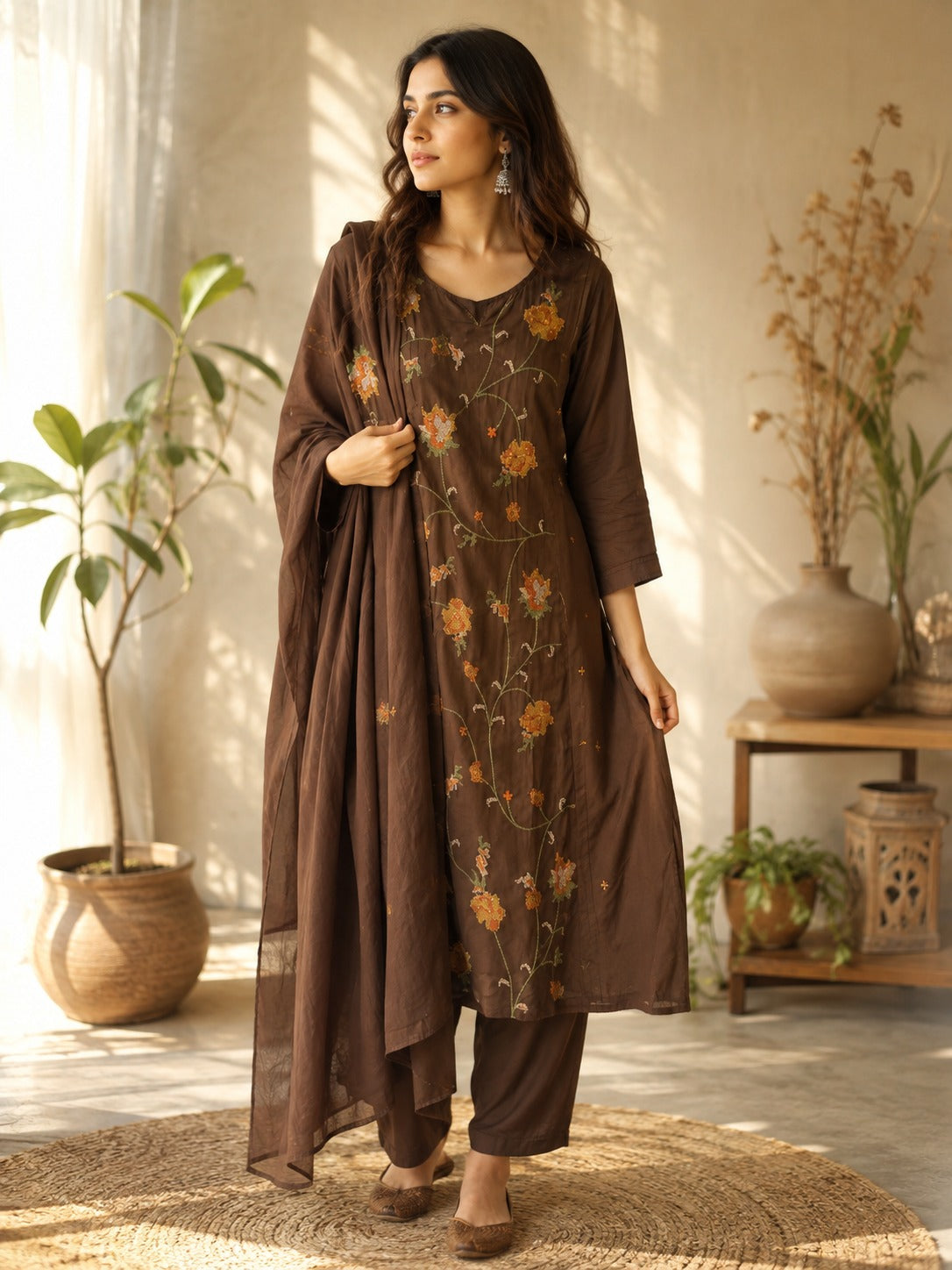 Pure cotton fully embroidered suit set in brown