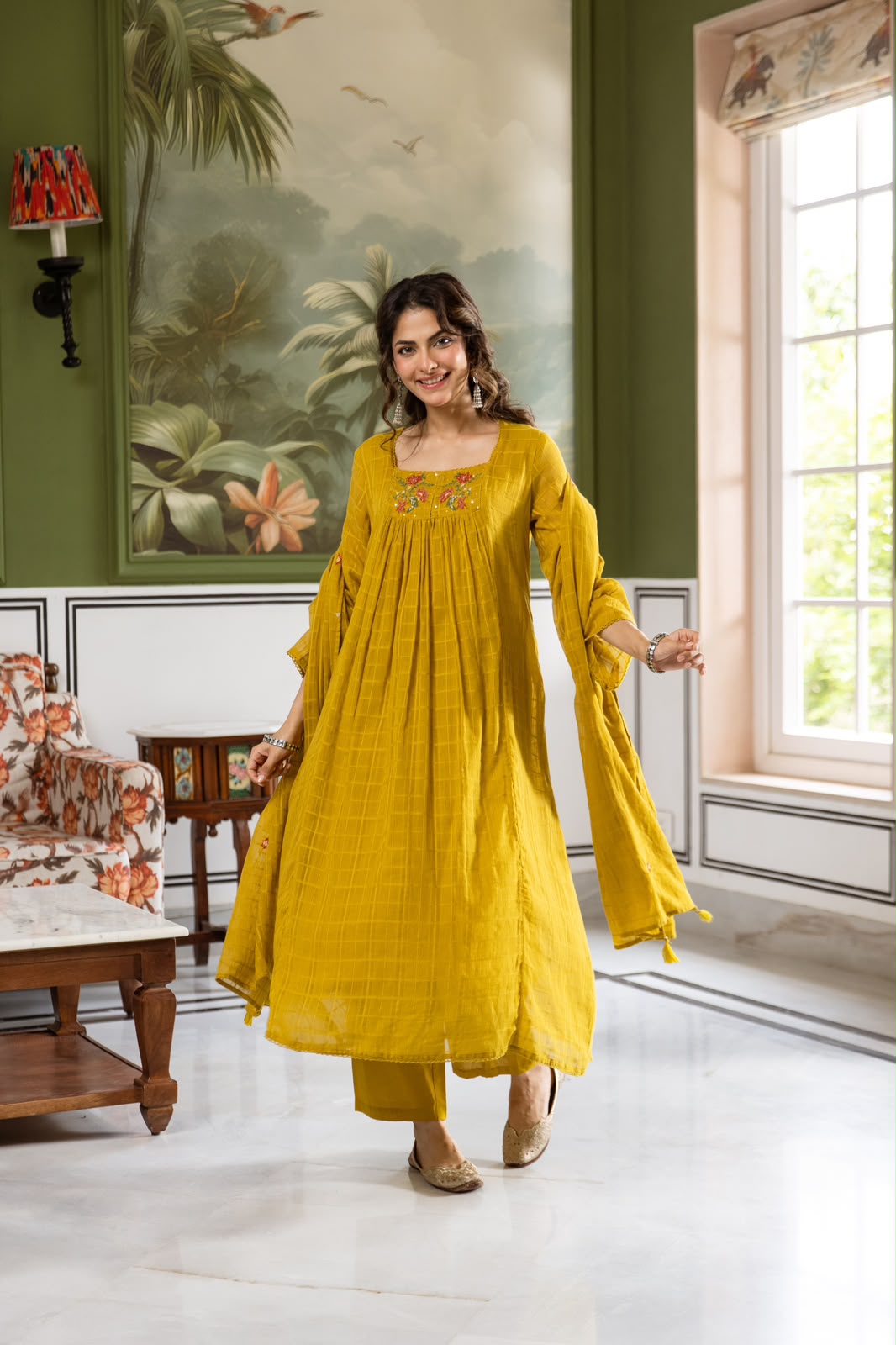 Pure Mul cotton Cheks suit set in yellow