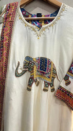Wow Russian silk Kalamkari with beautiful handwork on yoke suit set with elephant motive on front n back