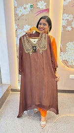 Pure orgenza with pretty handwork kurta pant in brown comes with Banarasi inner