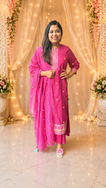Pure Banarasi handcrafted mulchanderi layered gown with dupatta in Rani pink