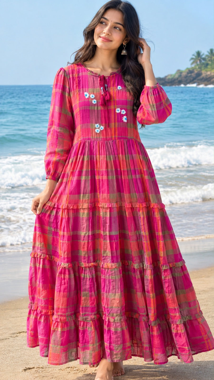 Handloom cotton chequered embroidered dress in pink