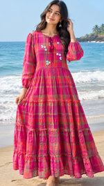 Handloom cotton chequered embroidered dress in pink