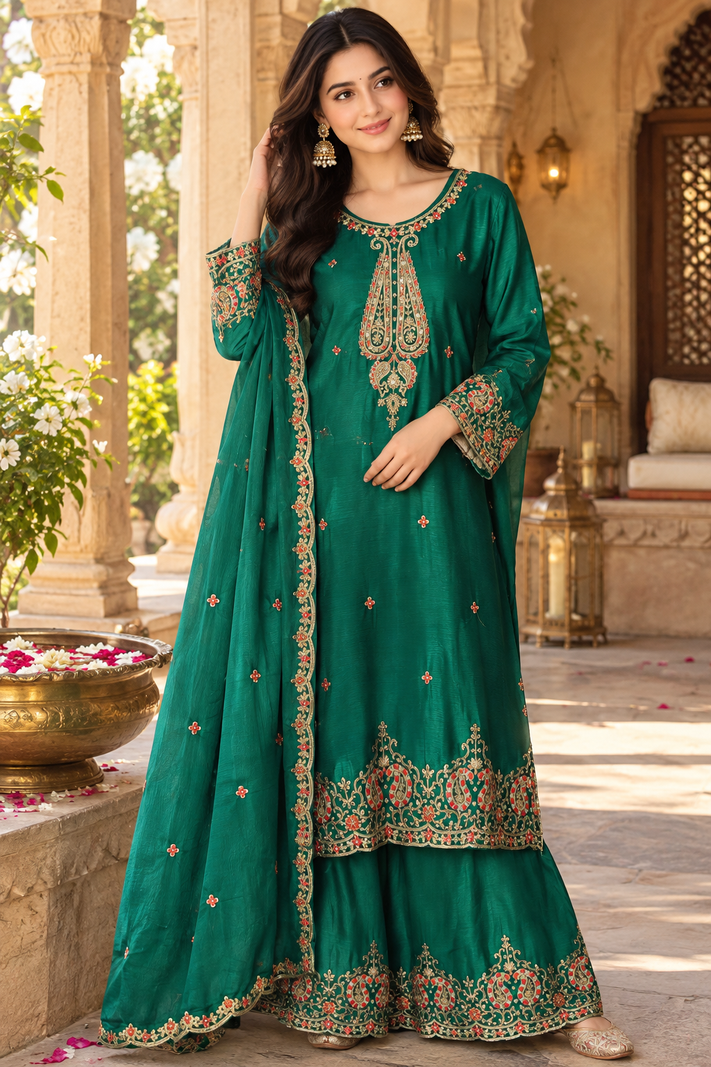 Emerald green heavy plazzo pant suit set with intricate detailing