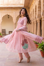 Gorgeous applique work Mul chanderi suit set in pink