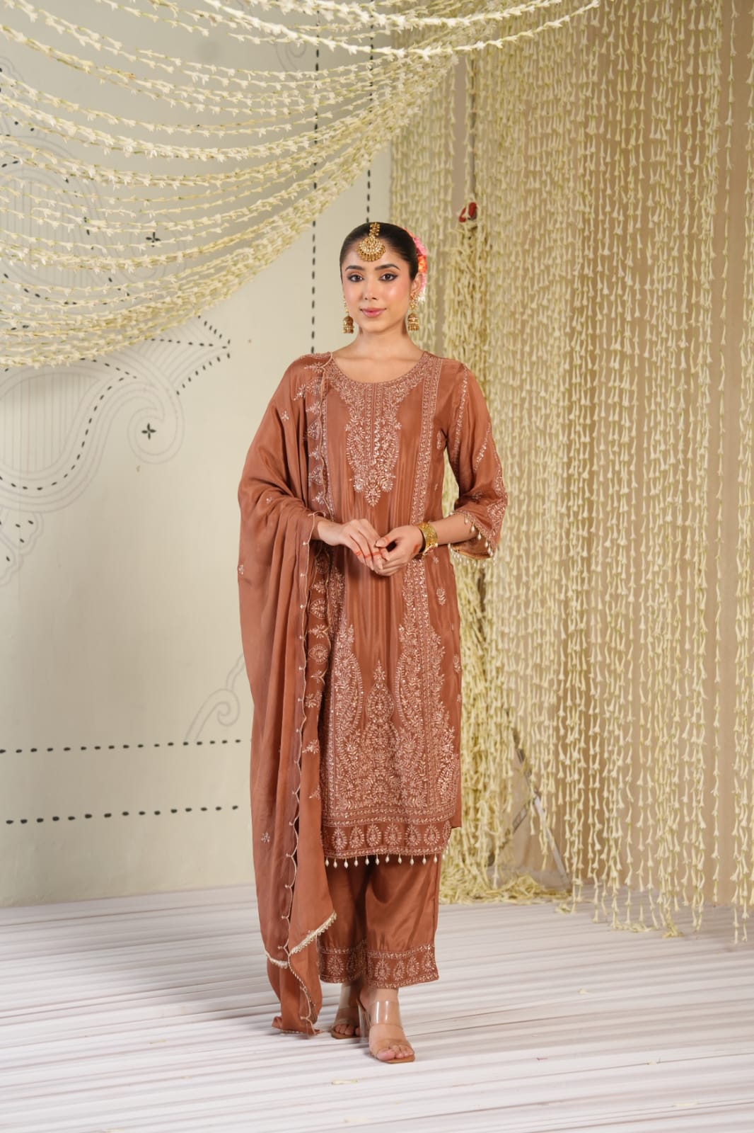 Pure chinon fully embroidered suit set in light brown