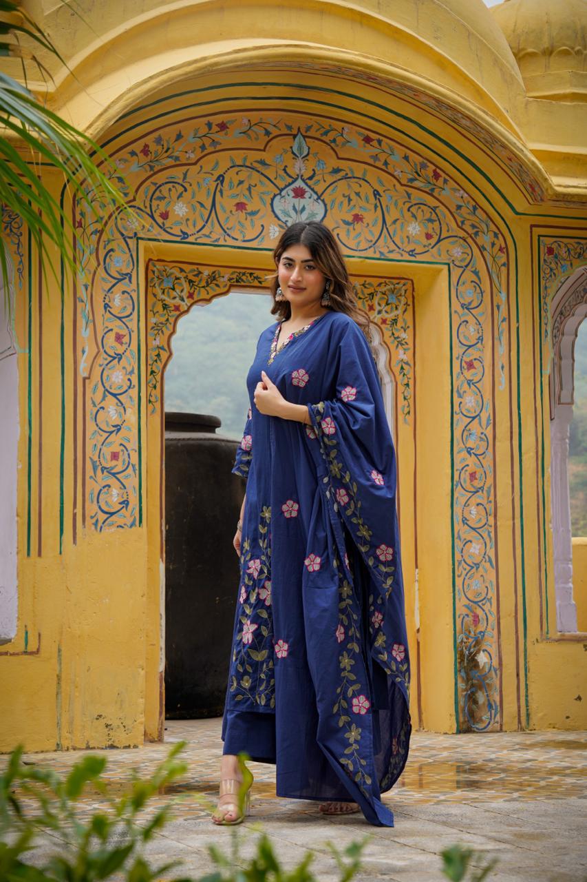 Gorgeous applique work Mul cotton lining full suit set