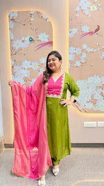 Pretty dola silk Zari detailing suit set in green n pink