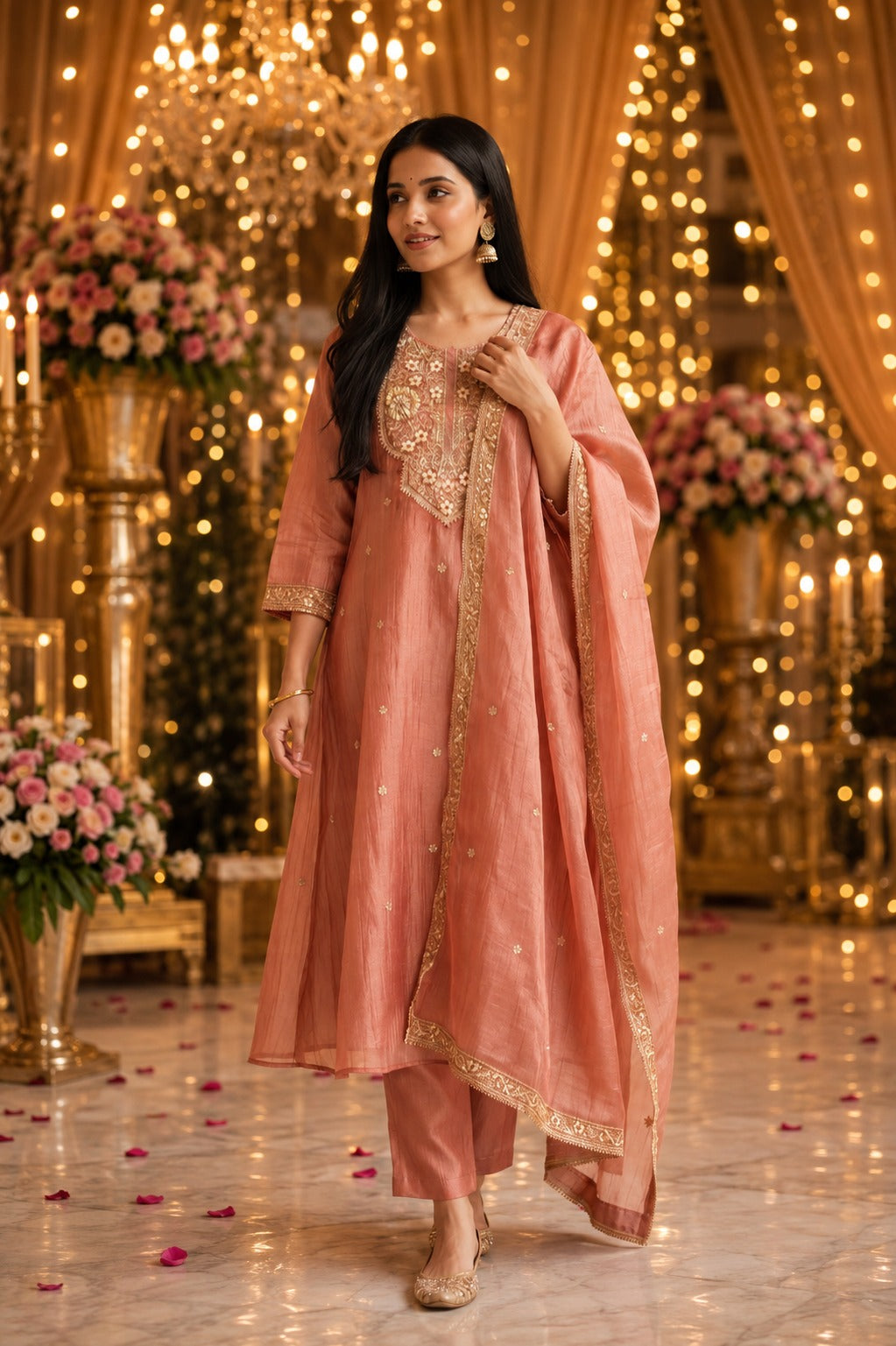 Salsa fabric with pretty handwork suit set in peach