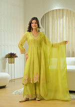 Soft orgenza scalap embroidery suit set in green