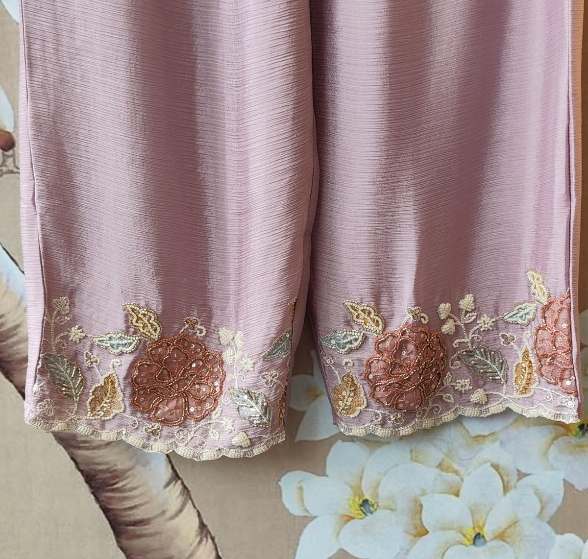 Premium chinon applique handwork suit set in lilac