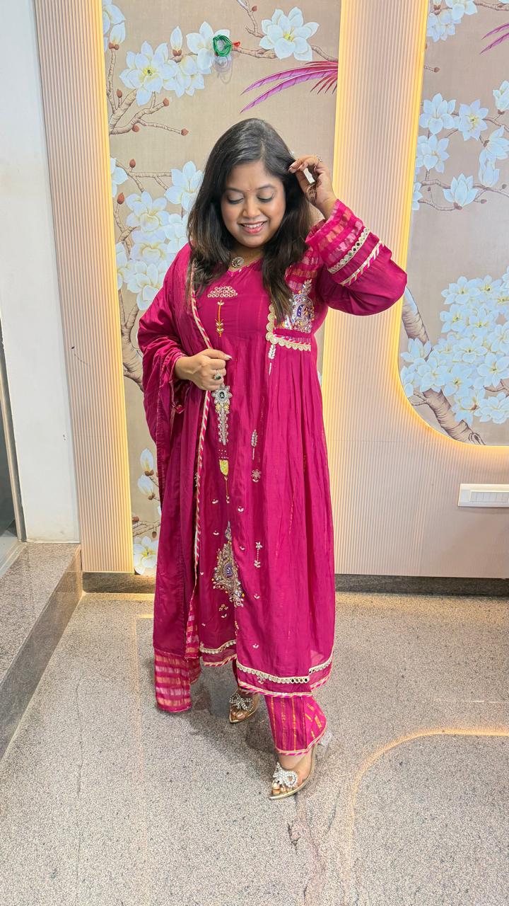 Premium lurix double layerchanderi suit set in Rani pink