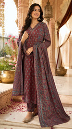 Pretty wine Kalamkari full suit