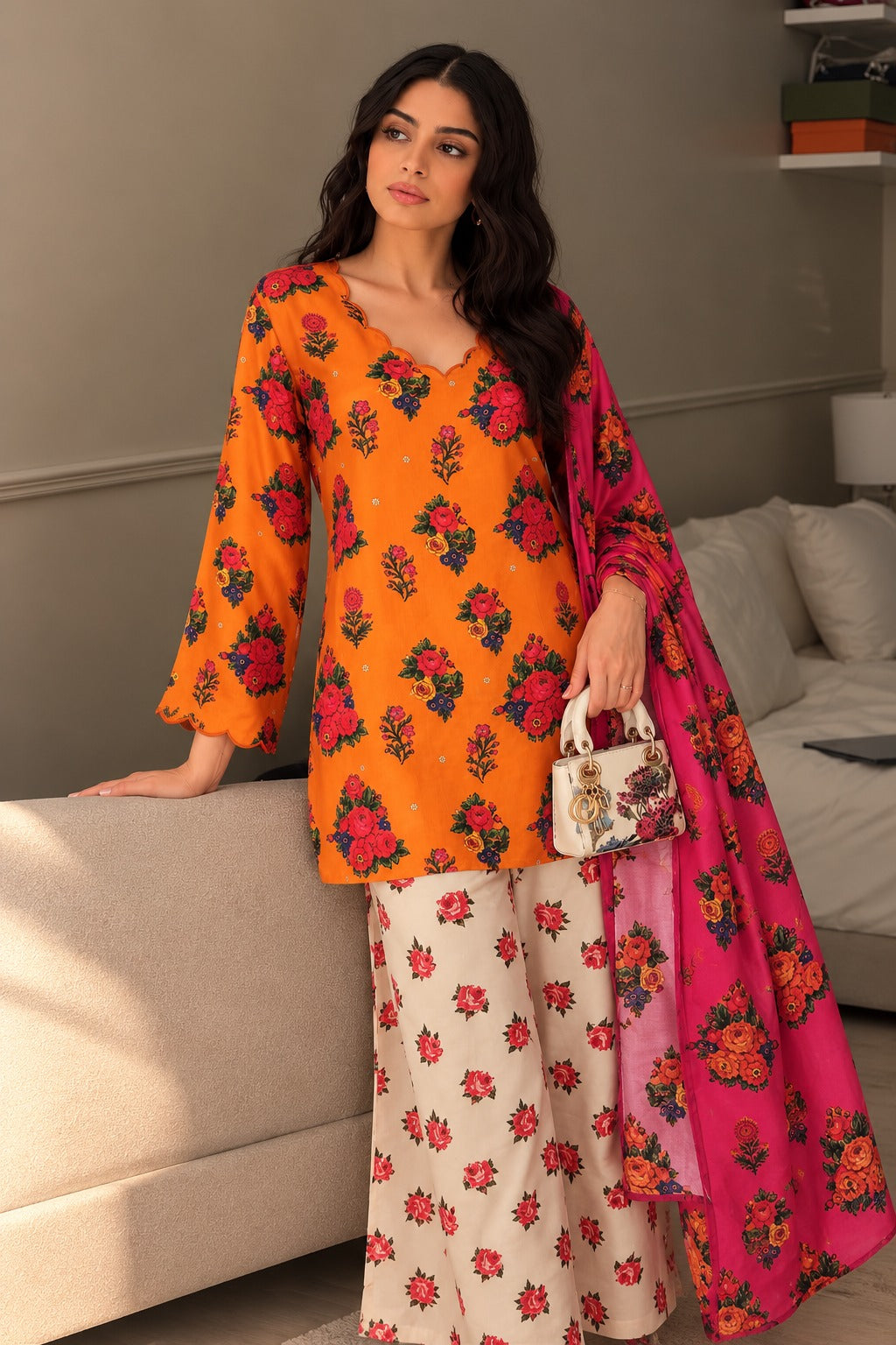 Premium Mul silk with designer neck floral suit set