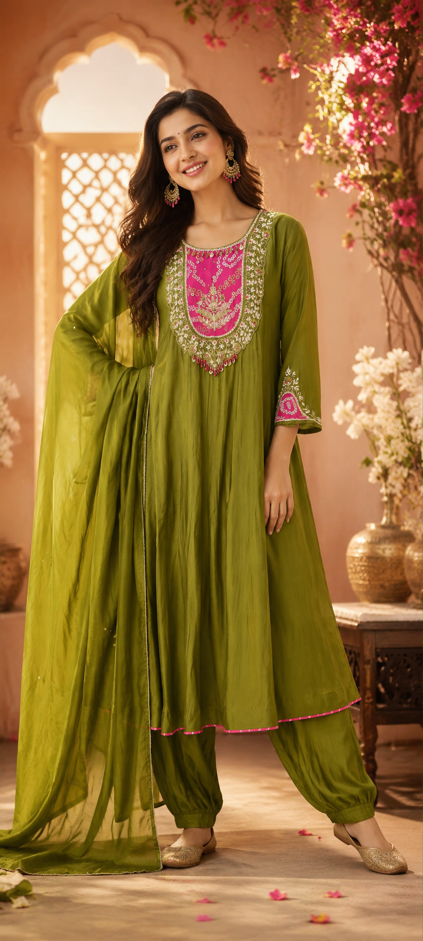 Premium Mul chanderi with bandhani detailing suit set in green