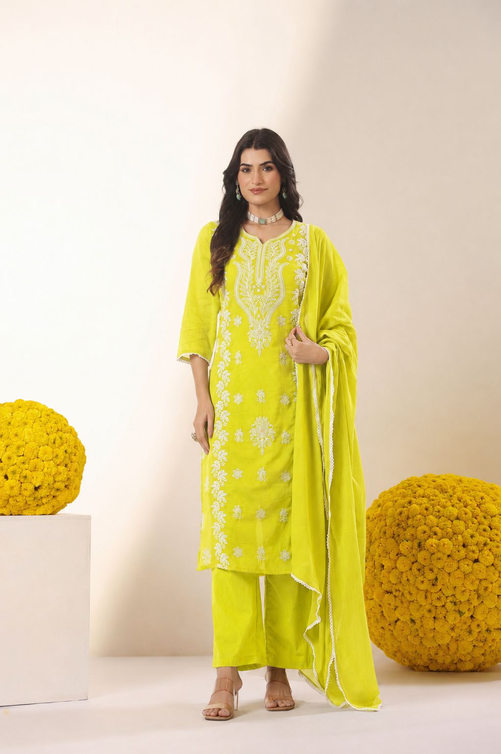 Super soft Mul cotton chikankari suit set with lining in lime green