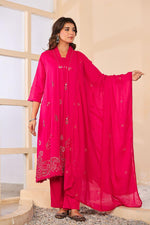 Pure Mul cotton paisley embroidered suit set in pink