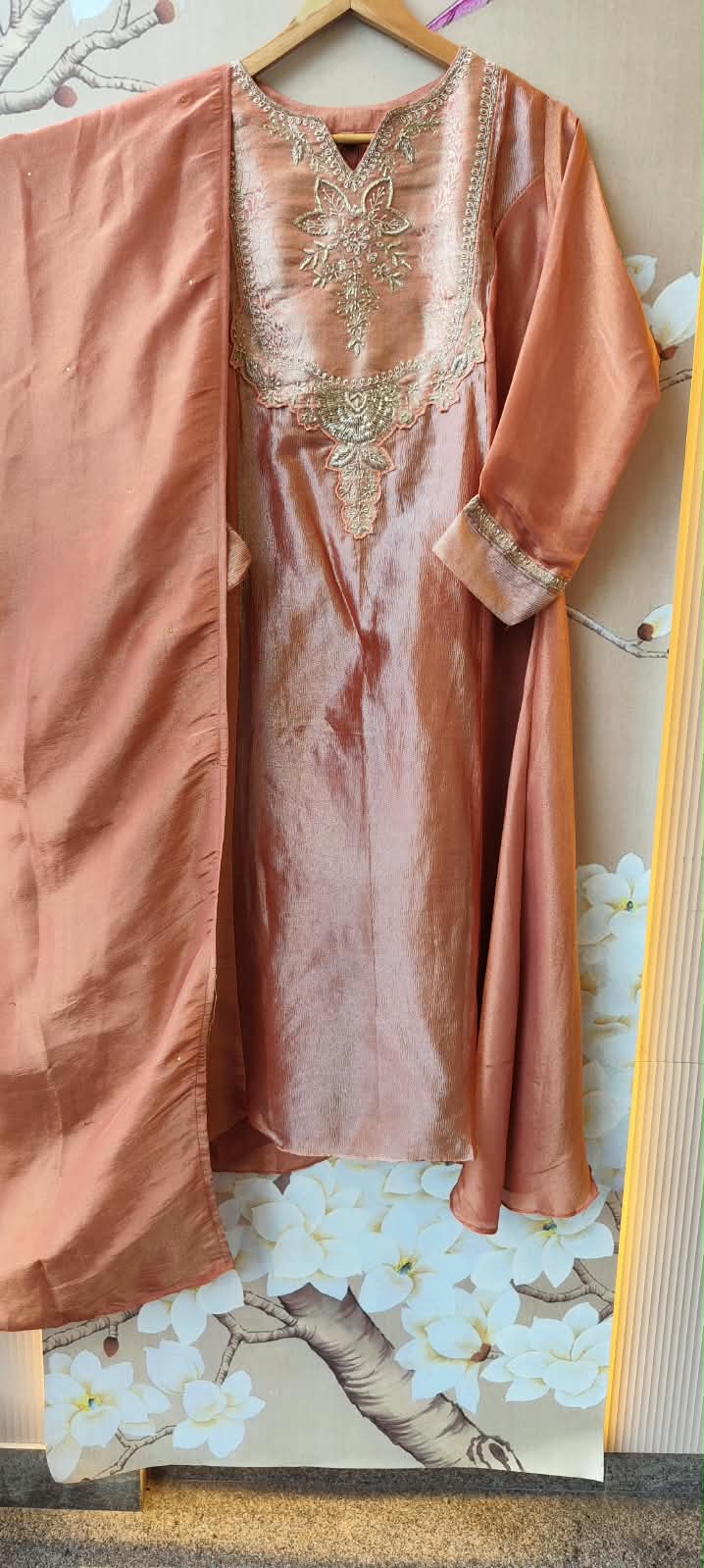Premium tissue suit set with giraffe fabric and hand work on yoke in peach