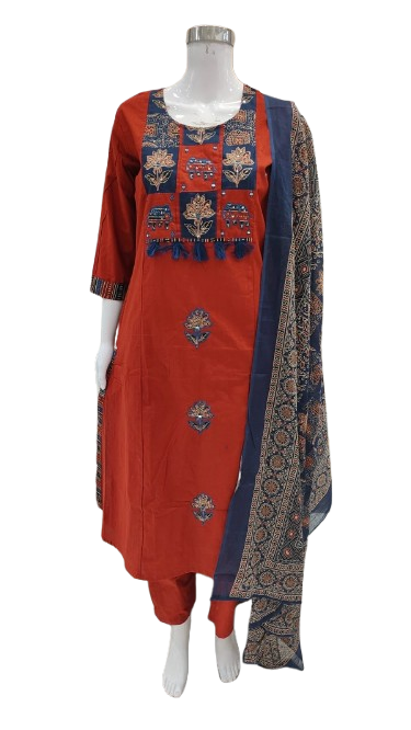 Premium cotton applique work full suit set