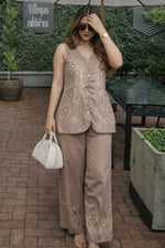 Linen with lining embroidered vest jacket set