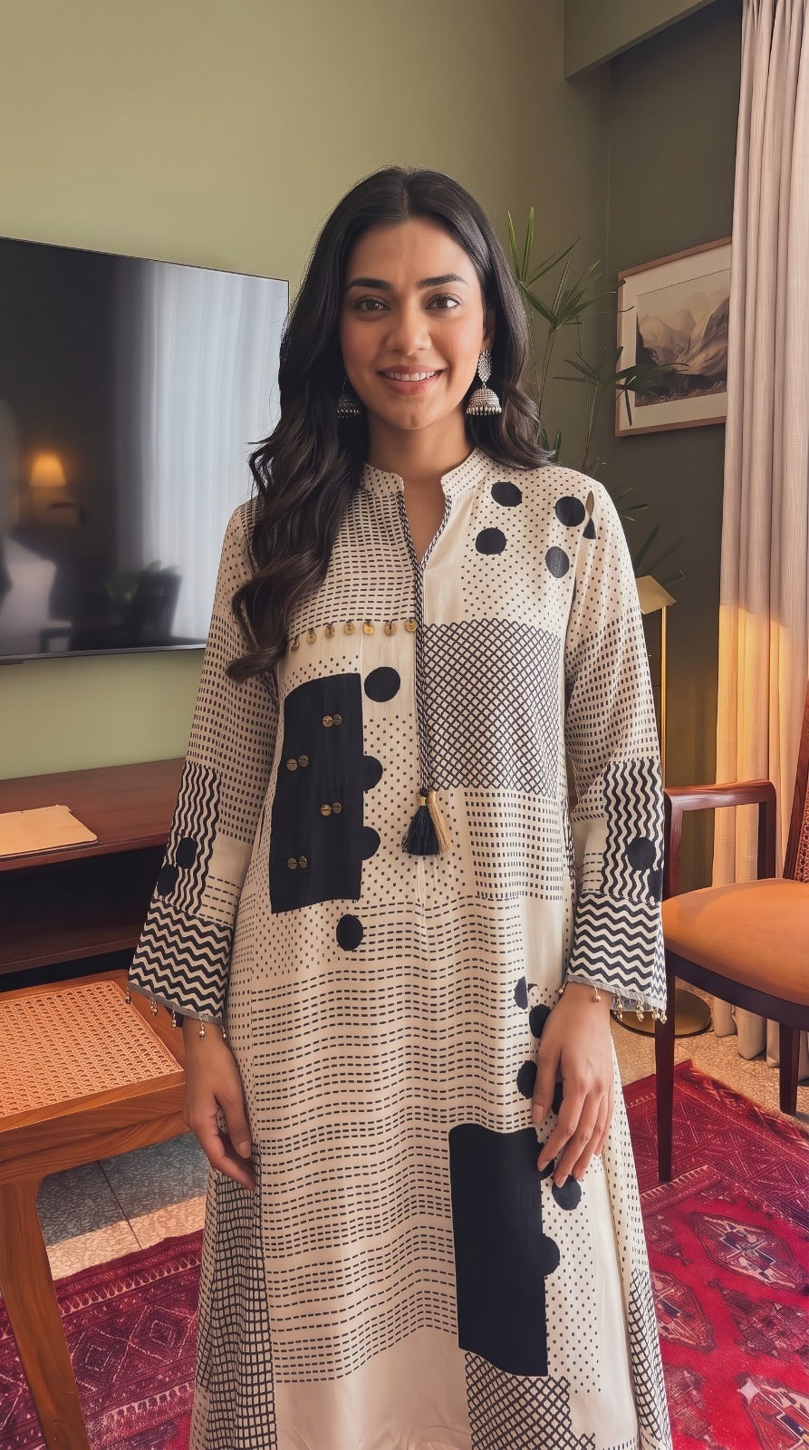 Pure crepe designer black n ivory co ord
